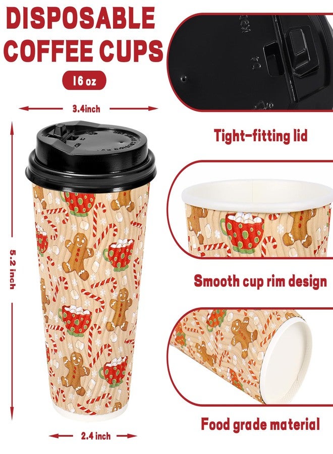 JarThenaAMCS 50 Pcs Christmas Disposable Coffee Cups with Lids Gingerbread Man Candy Cane Paper Cup Corrugated Ripple Wall Insulated Hot Cups for Xmas Winter Home Office Party Supplies, 16 Oz - Image 2